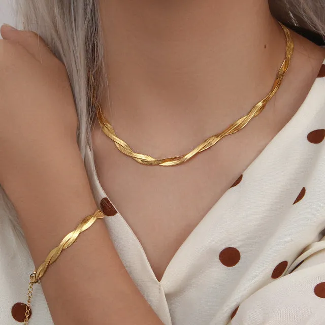 2021 18K Gold Plated Waterproof Braided New Herringbone Chain Necklace Bracelets Set Wholesale Stainless Steel Jewelry For Women