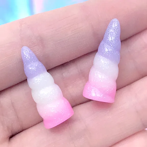 3D Alicorn Cabochons in Kawaii Galaxy Gradient | Glittery Unicorn Horn Embellishments | Fairytale Decoden Pieces (2 pcs / 9mm x 25mm)