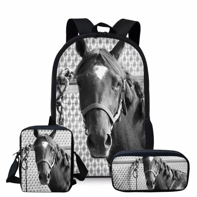 3PCS/SET 3d Crazy Horse Print School Backpack Set for Teenager Girls Boys Cool High School Children Kids Bagpack Child Bookbags