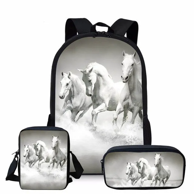 3PCS/SET 3d Crazy Horse Print School Backpack Set for Teenager Girls Boys Cool High School Children Kids Bagpack Child Bookbags