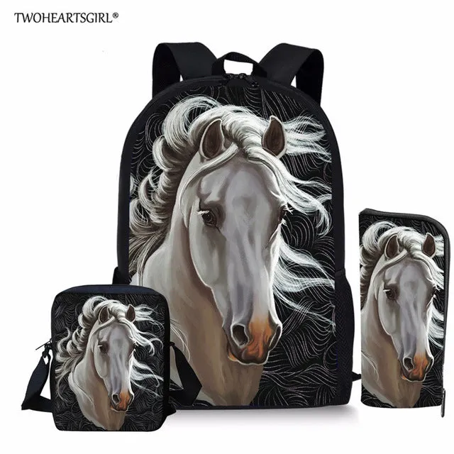 3PCS/SET 3d Crazy Horse Print School Backpack Set for Teenager Girls Boys Cool High School Children Kids Bagpack Child Bookbags