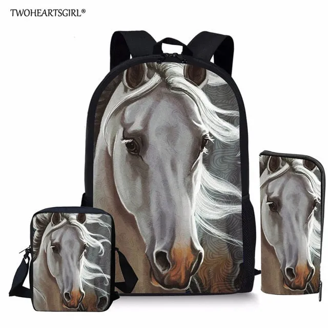 3PCS/SET 3d Crazy Horse Print School Backpack Set for Teenager Girls Boys Cool High School Children Kids Bagpack Child Bookbags