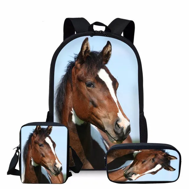 3PCS/SET 3d Crazy Horse Print School Backpack Set for Teenager Girls Boys Cool High School Children Kids Bagpack Child Bookbags