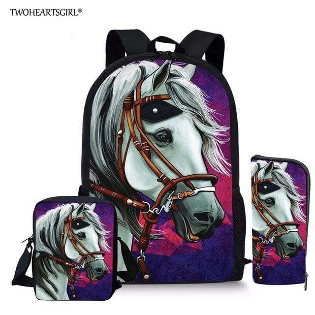 3PCS/SET 3d Crazy Horse Print School Backpack Set for Teenager Girls Boys Cool High School Children Kids Bagpack Child Bookbags