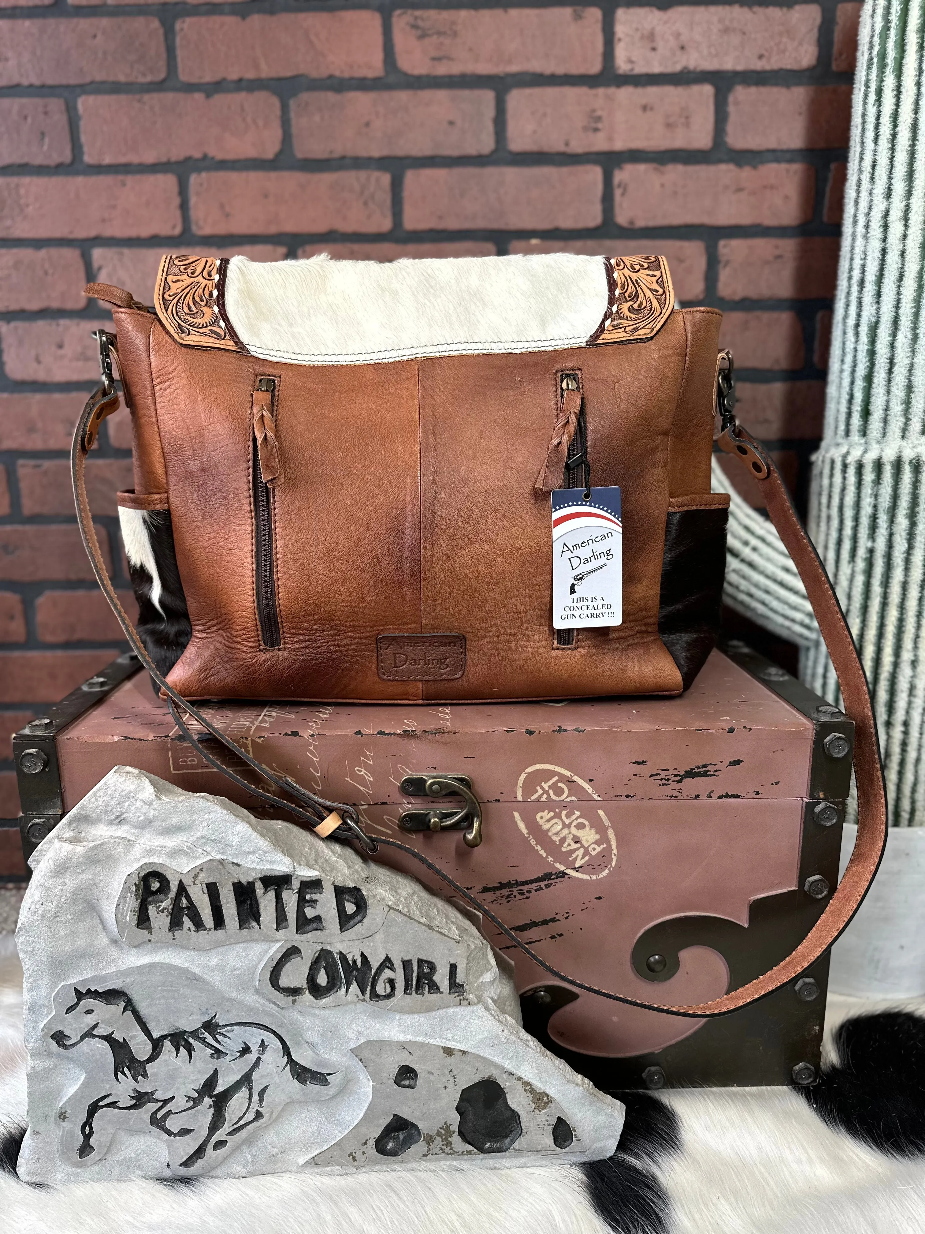 American Darling Cowhide Hair-On Concealed Carry Crossbody Messenger Briefcase Purse ADBG842B