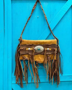 American Darling Genuine Leather Fringe Faux Turquoise Buckle Crossbody Bag ADBGM474