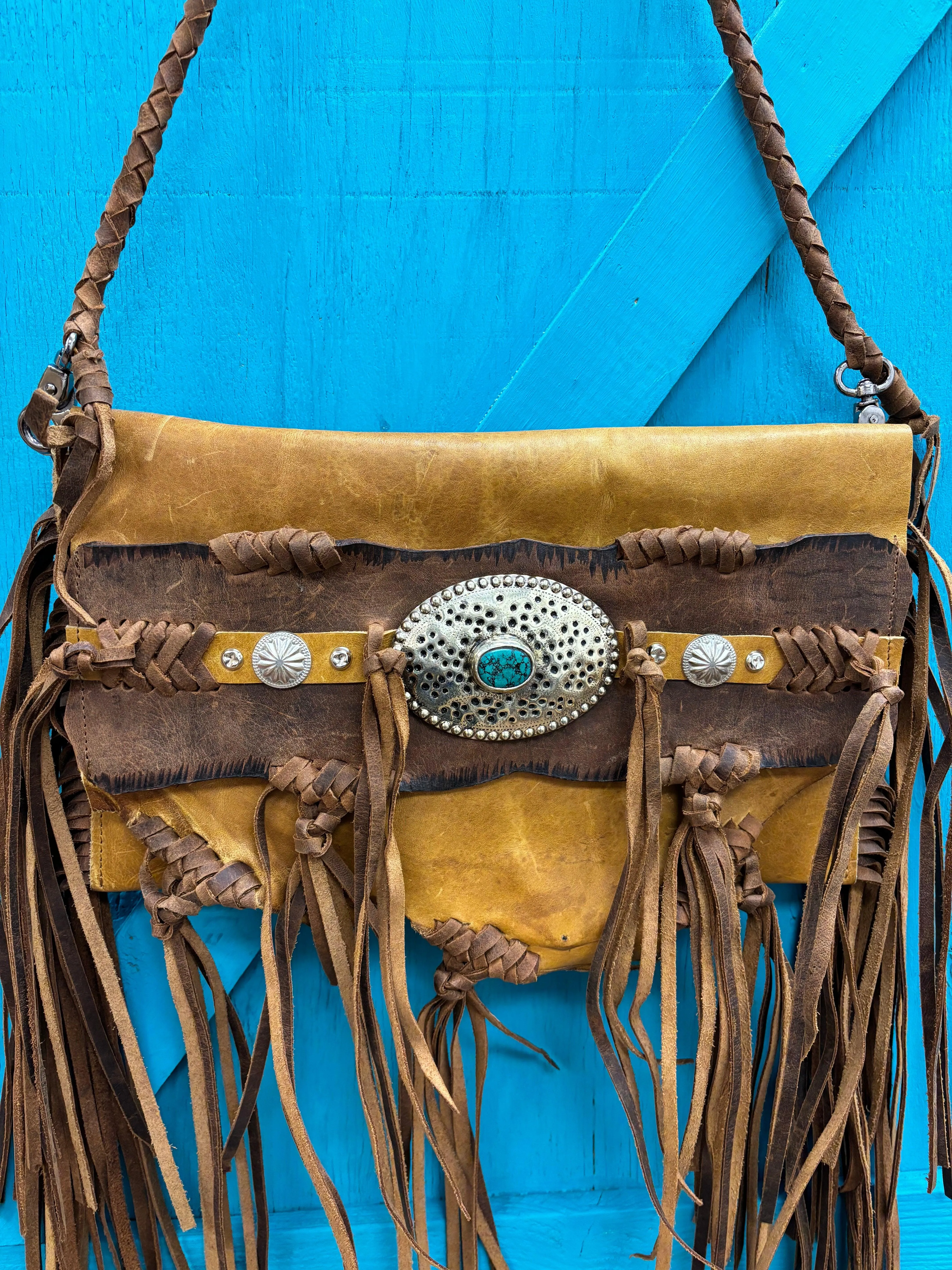 American Darling Genuine Leather Fringe Faux Turquoise Buckle Crossbody Bag ADBGM474