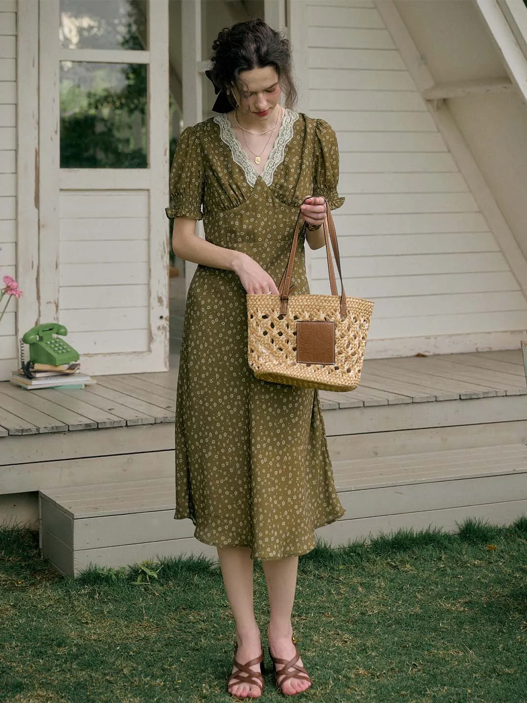 Annie Charming Floral Print Elegant Red Dress-Olive Green