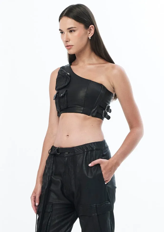 ASYM AALIYAH LEATHER TOP IN BLACK