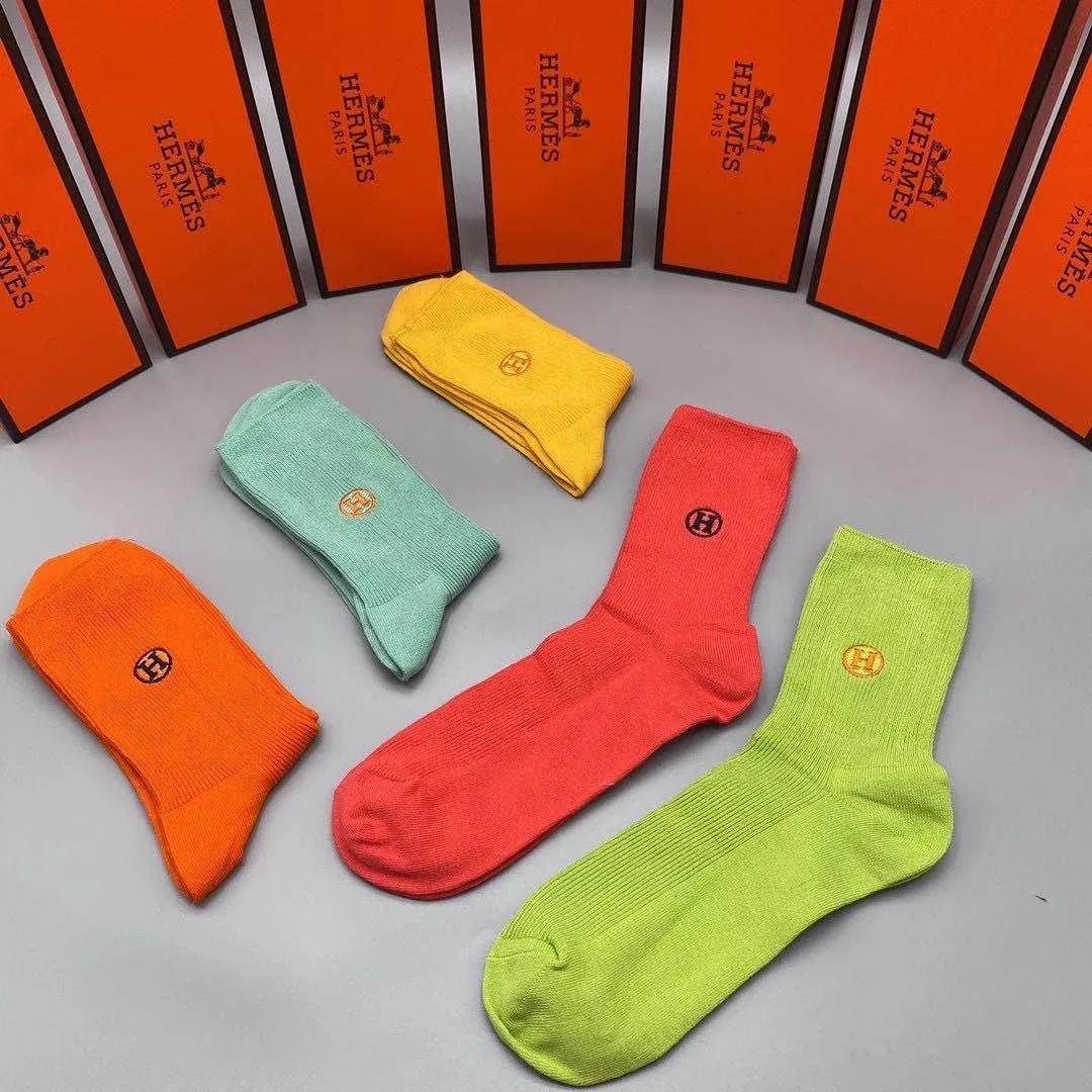 Authentic Hermes Paris 5 in 1 Bright Colored Cotton Socks