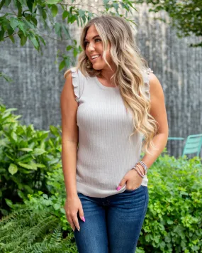 Avery Ribbed Knit Ruffle Sleeve Tank - Light Grey