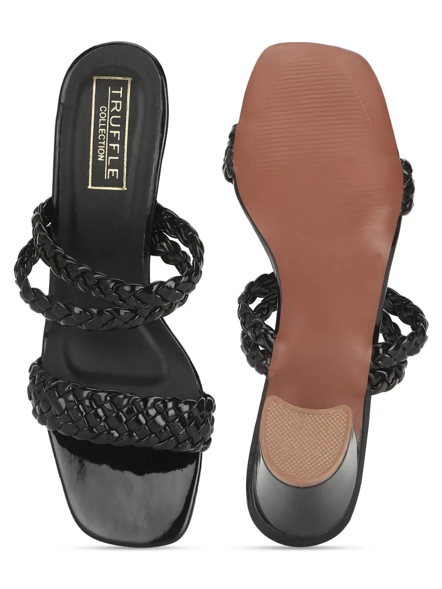 Black Patent Braided Block Heel Mules