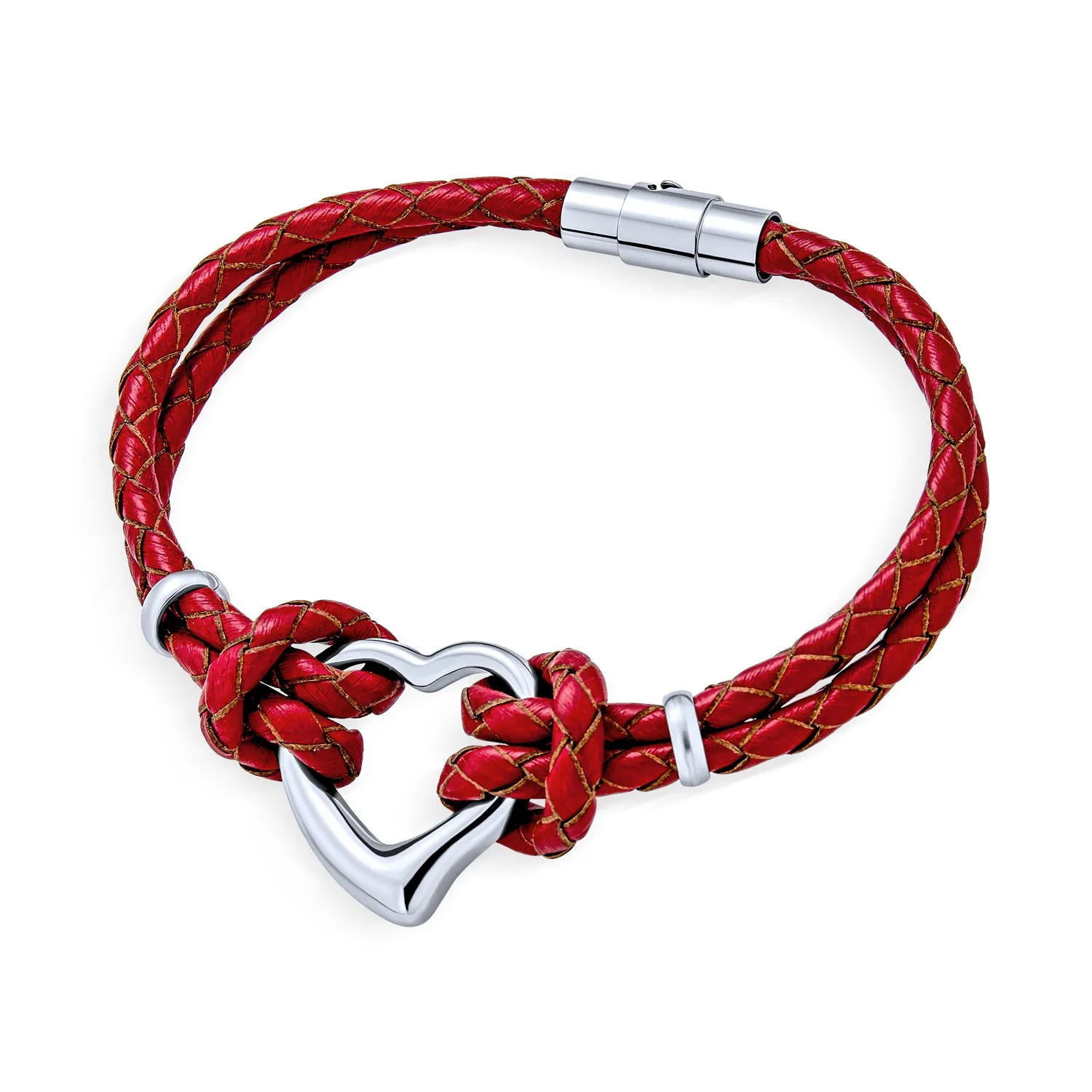 Black Red White Pink Heart Braided Cord Multi Strand Leather Bracelet Silver