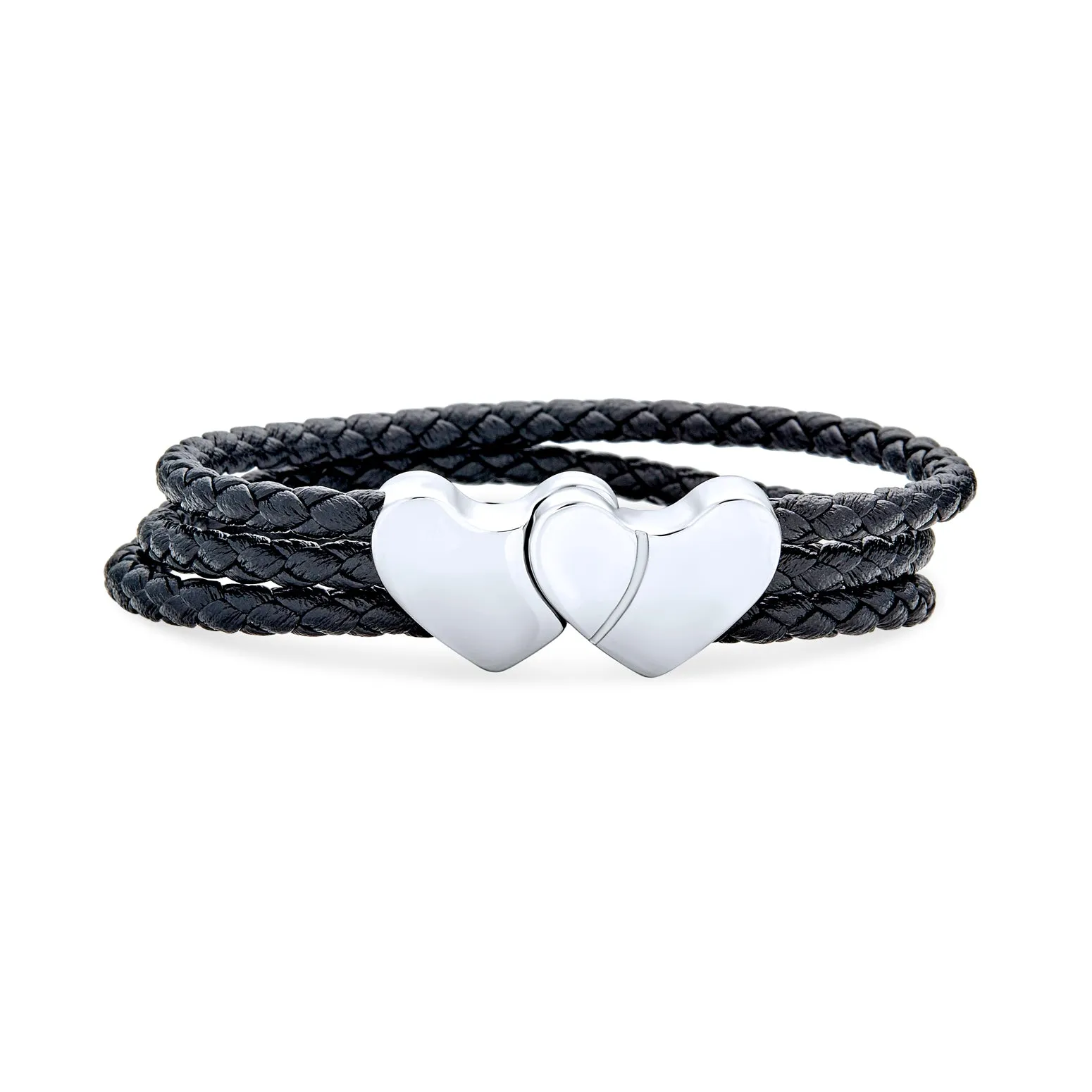 Black Red White Pink Heart Braided Cord Multi Strand Leather Bracelet Silver