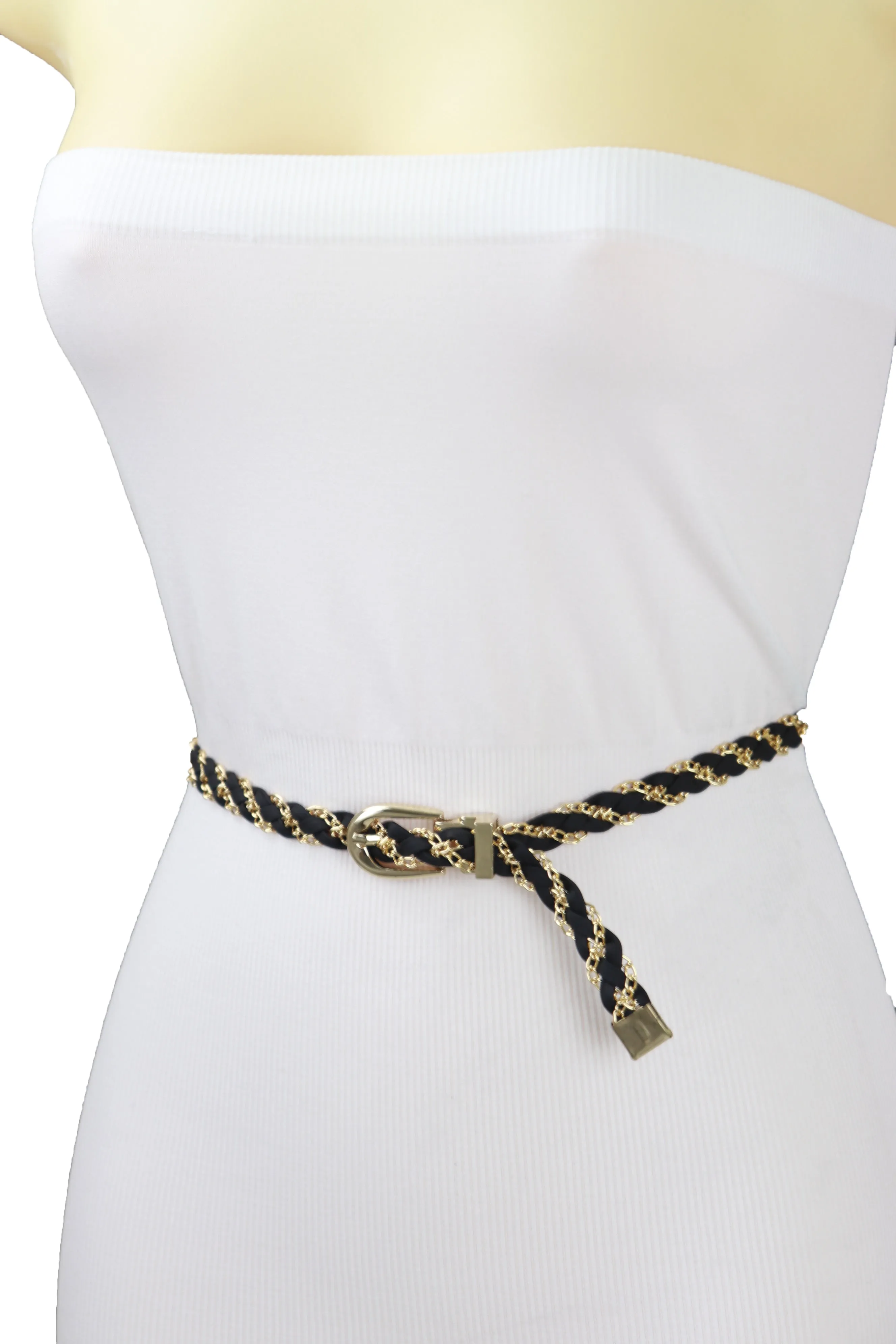 Black Skinny Braided Belt High Waist Gold Metal Chain Fit Size S M