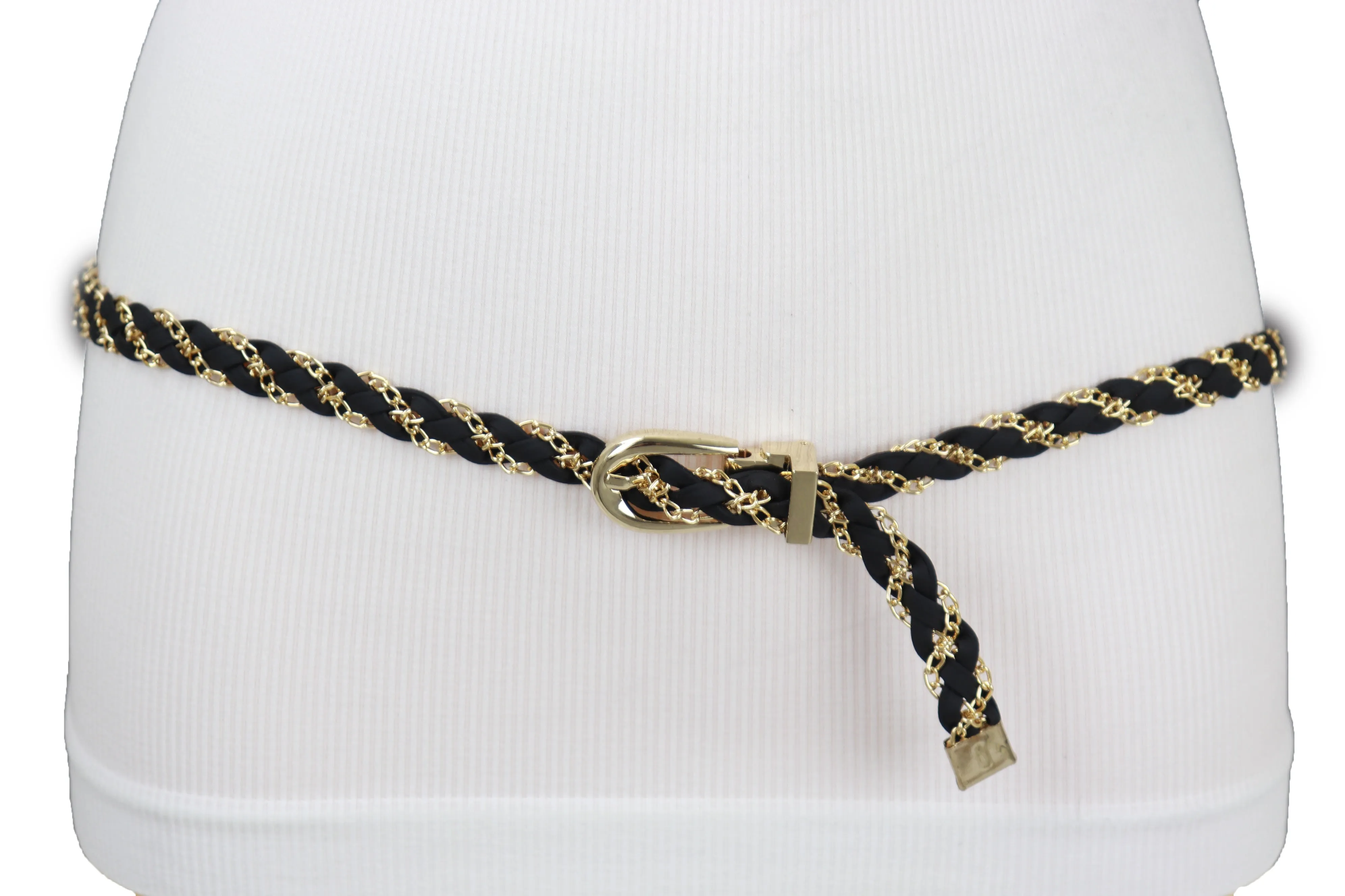 Black Skinny Braided Belt High Waist Gold Metal Chain Fit Size S M