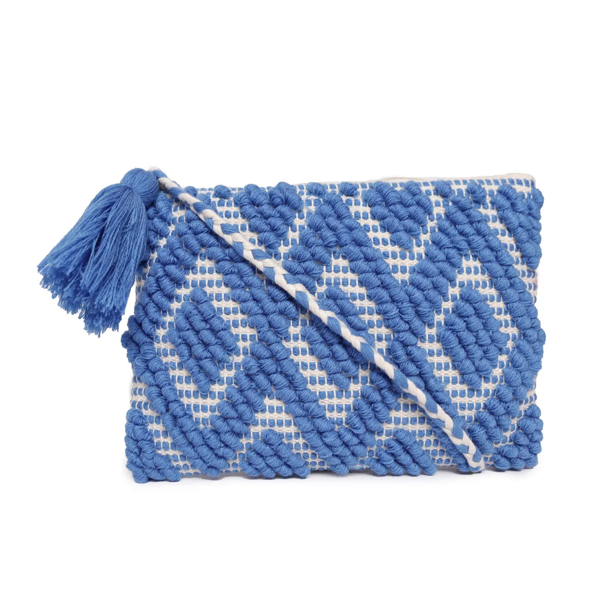 Blue Colour  Handloom Makeup/Travel Pouch With Beautiful Tassel And Braided Shoulder Handle