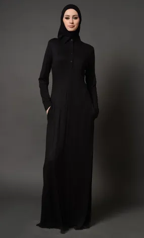 Collared Everyday Wear Basic Kids Abaya Dress - Black