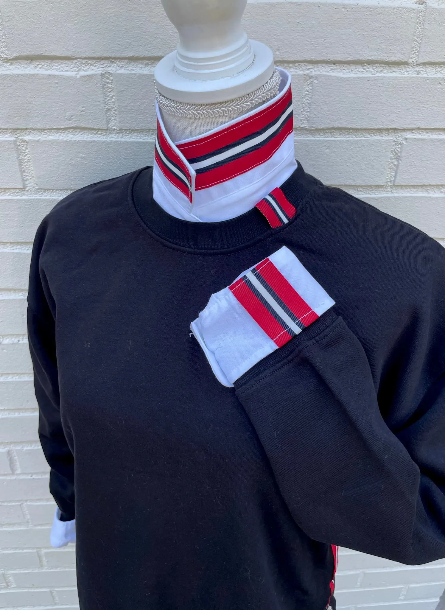 Danny Crew Neck Sweatshirt - Black w Black, White & Red Stripe Ribbon (Danny05)