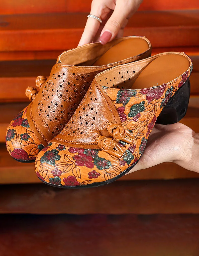 Double Bucks front Leather Printed Chunky Heels Slides