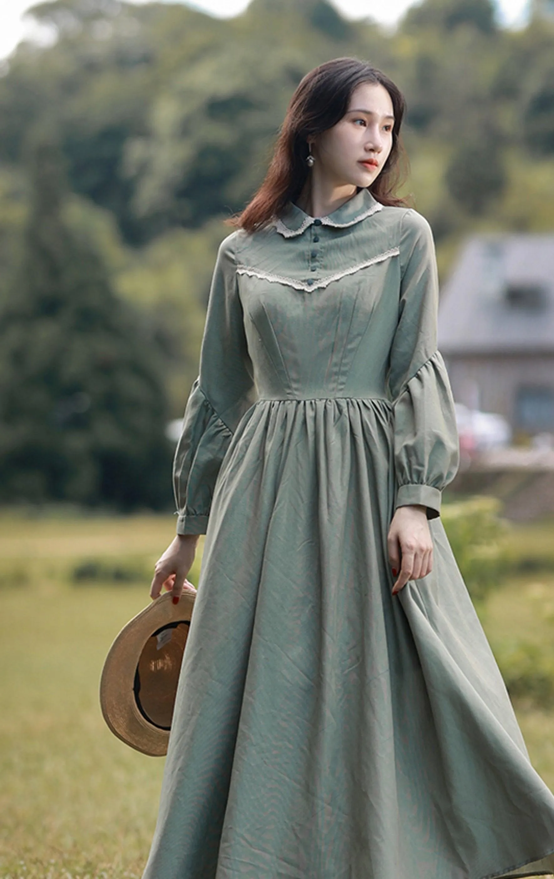 Elise Dress For Women Medieval Vintage Elegant Slim Long Lantern Sleeve Dress Peter Pan Collar Maxi Dress