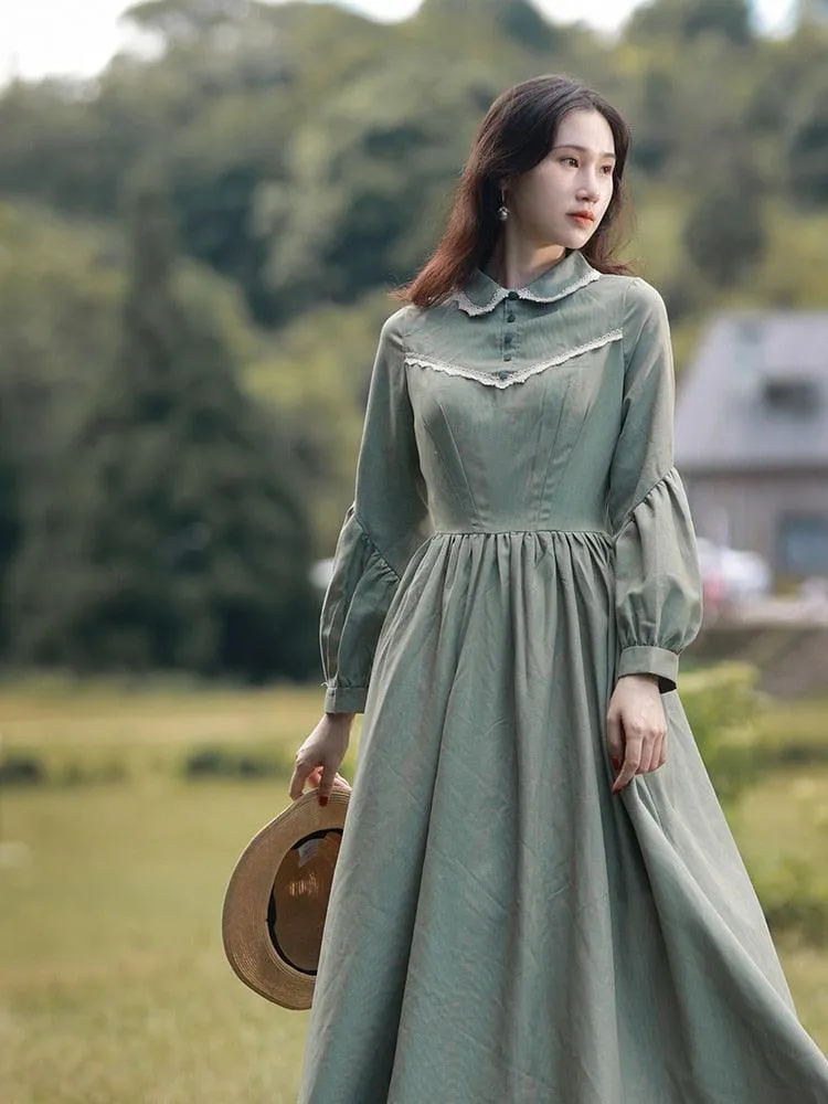 Elise Dress For Women Medieval Vintage Elegant Slim Long Lantern Sleeve Dress Peter Pan Collar Maxi Dress