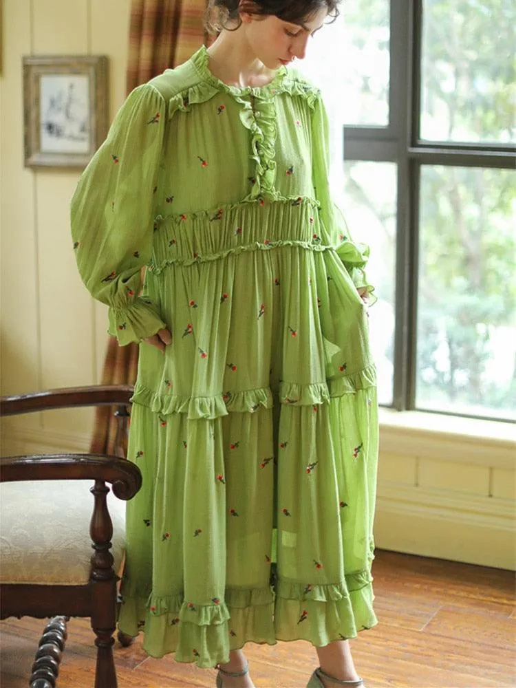 Elise Elegant Embroider Floral Green Dress Vintage Victoria Ruffles Big Swing Maxi Dress