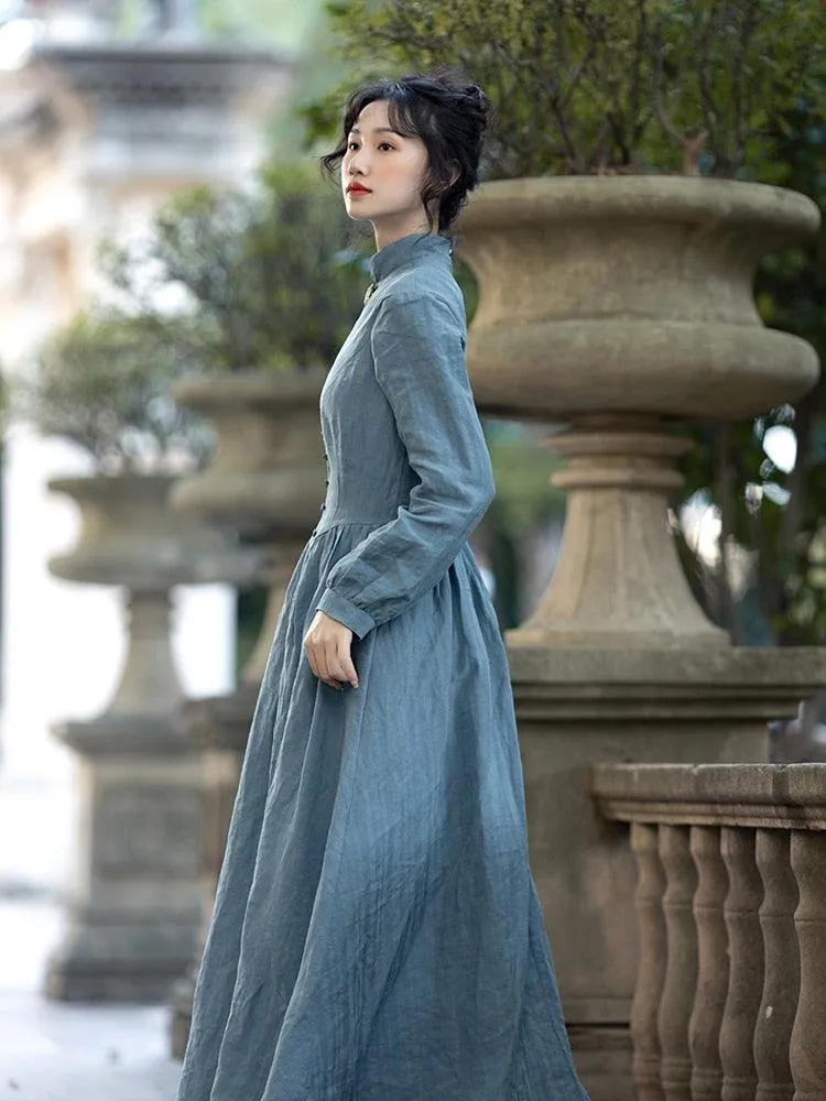 Elsie Maxi Dresses For Women Medieval Manor Vintage Elegant Dress Stand Collar Long Sleeve Strip Cotton Linen Blue Dress