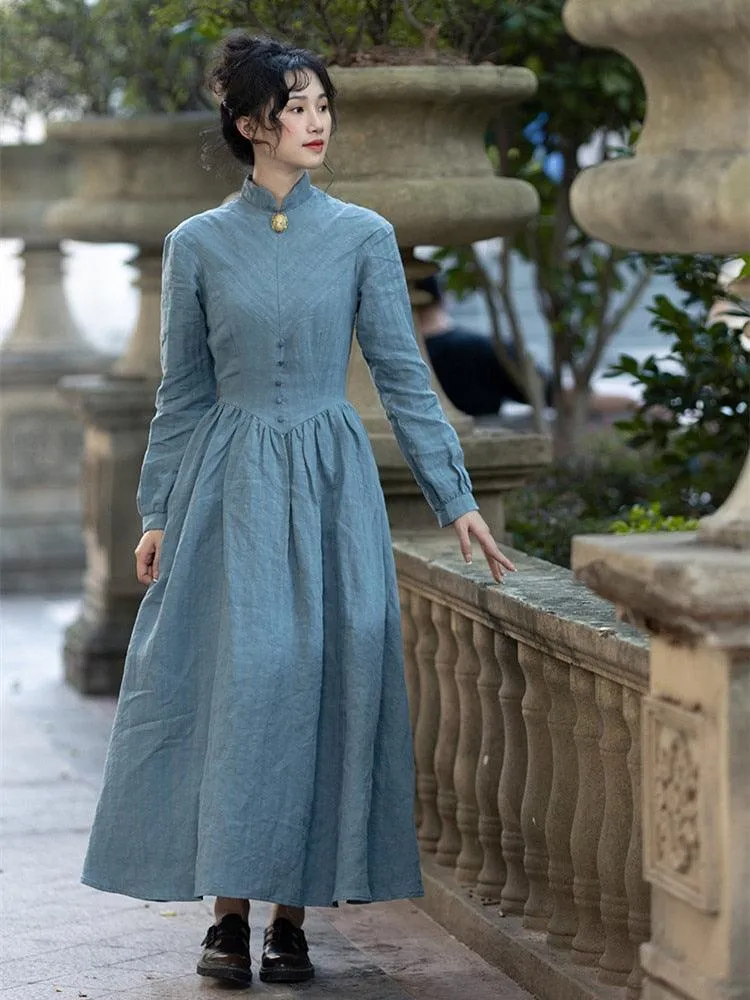 Elsie Maxi Dresses For Women Medieval Manor Vintage Elegant Dress Stand Collar Long Sleeve Strip Cotton Linen Blue Dress