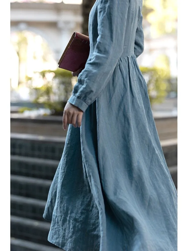 Elsie Maxi Dresses For Women Medieval Manor Vintage Elegant Dress Stand Collar Long Sleeve Strip Cotton Linen Blue Dress