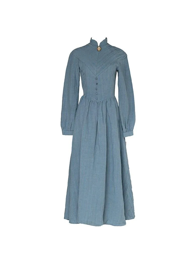 Elsie Maxi Dresses For Women Medieval Manor Vintage Elegant Dress Stand Collar Long Sleeve Strip Cotton Linen Blue Dress