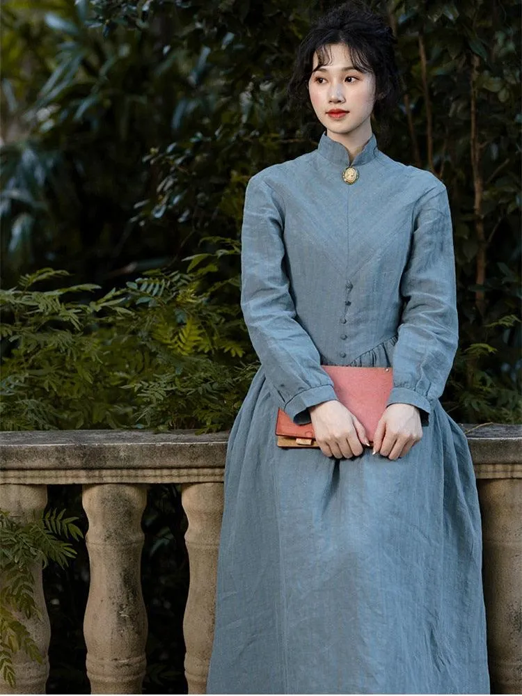 Elsie Maxi Dresses For Women Medieval Manor Vintage Elegant Dress Stand Collar Long Sleeve Strip Cotton Linen Blue Dress