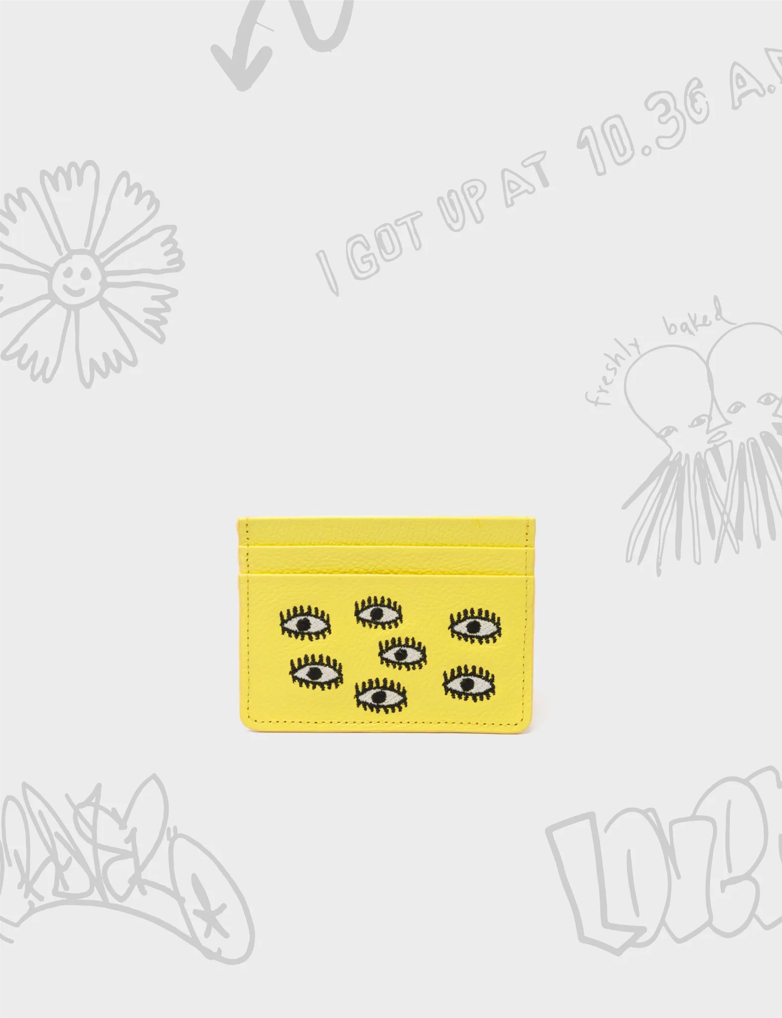 Filium Light Yellow Leather Cardholder - All Over Eyes Embroidery