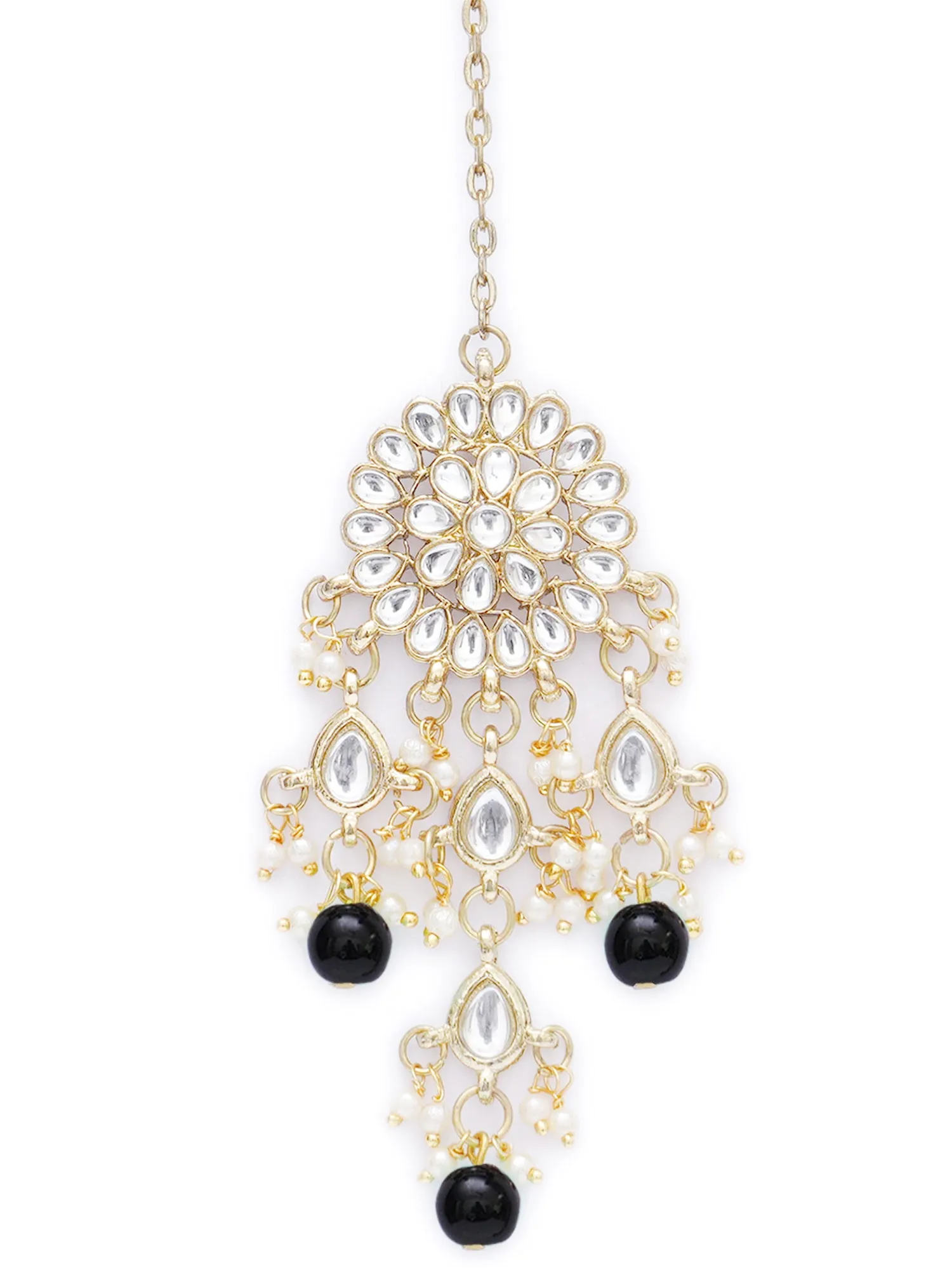 Gold Plated Embellished Black Kundan Tassel Earrings with Maangtikka