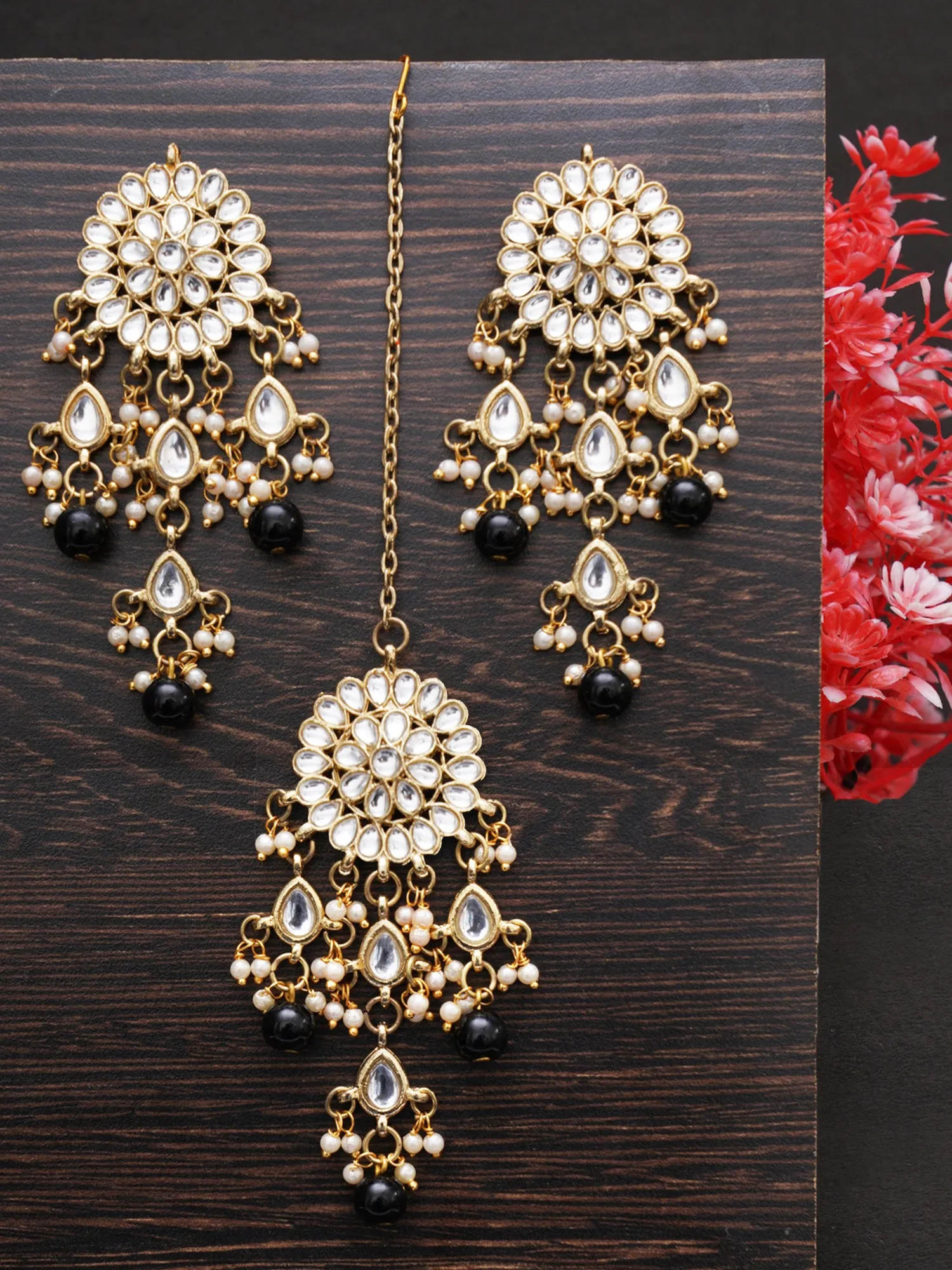 Gold Plated Embellished Black Kundan Tassel Earrings with Maangtikka