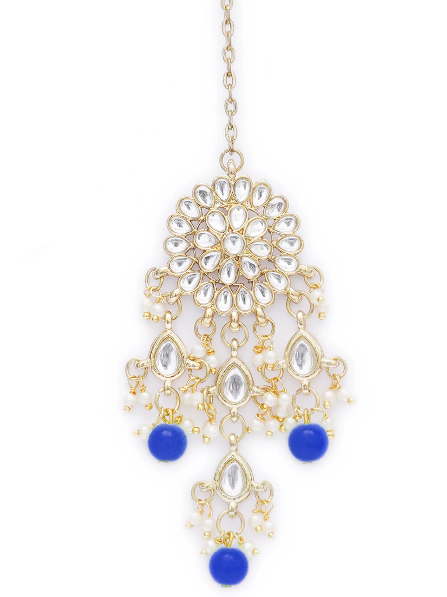 Gold Plated Embellished Blue Kundan Tassel Earrings with Maangtikka