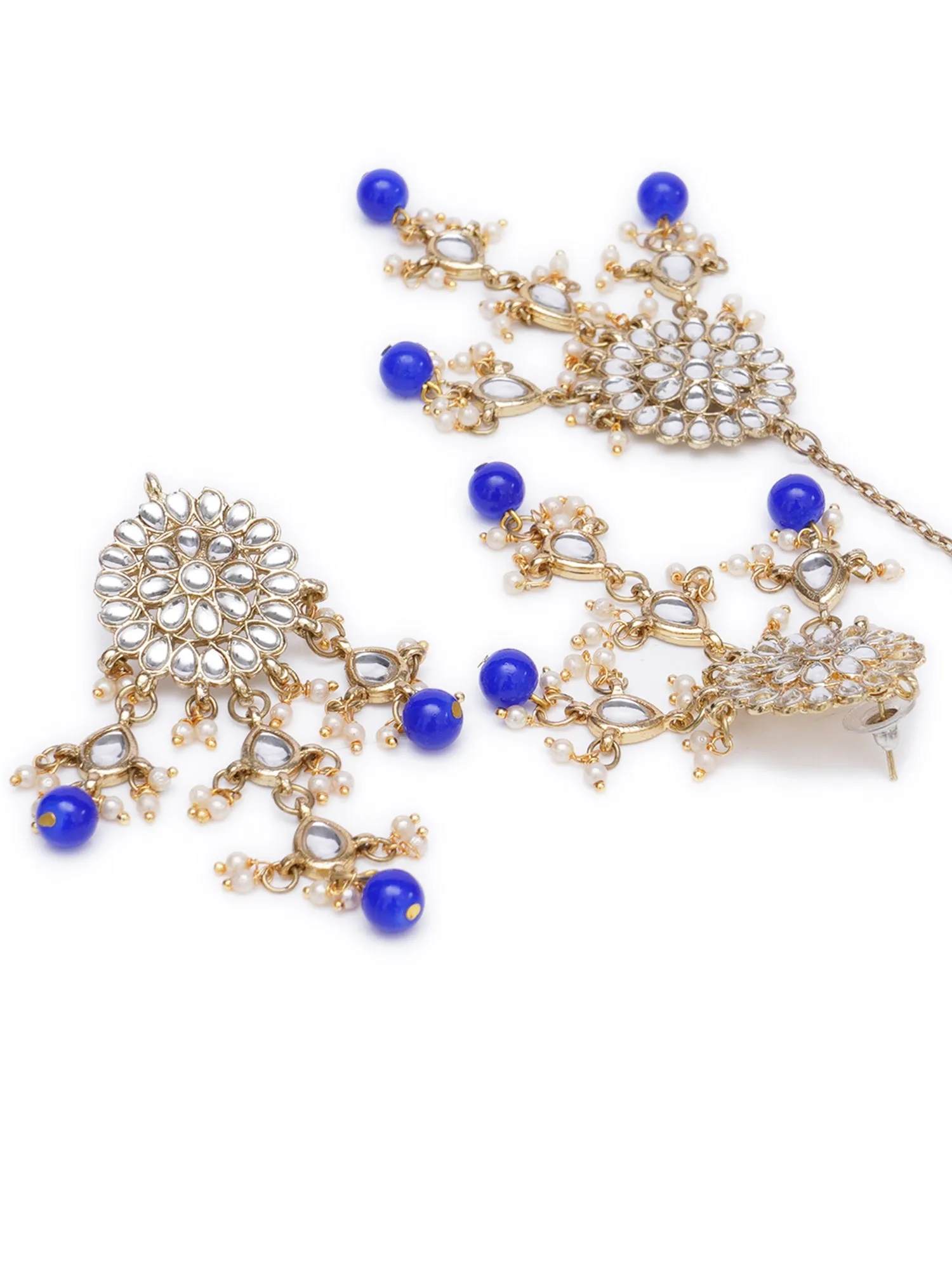 Gold Plated Embellished Blue Kundan Tassel Earrings with Maangtikka