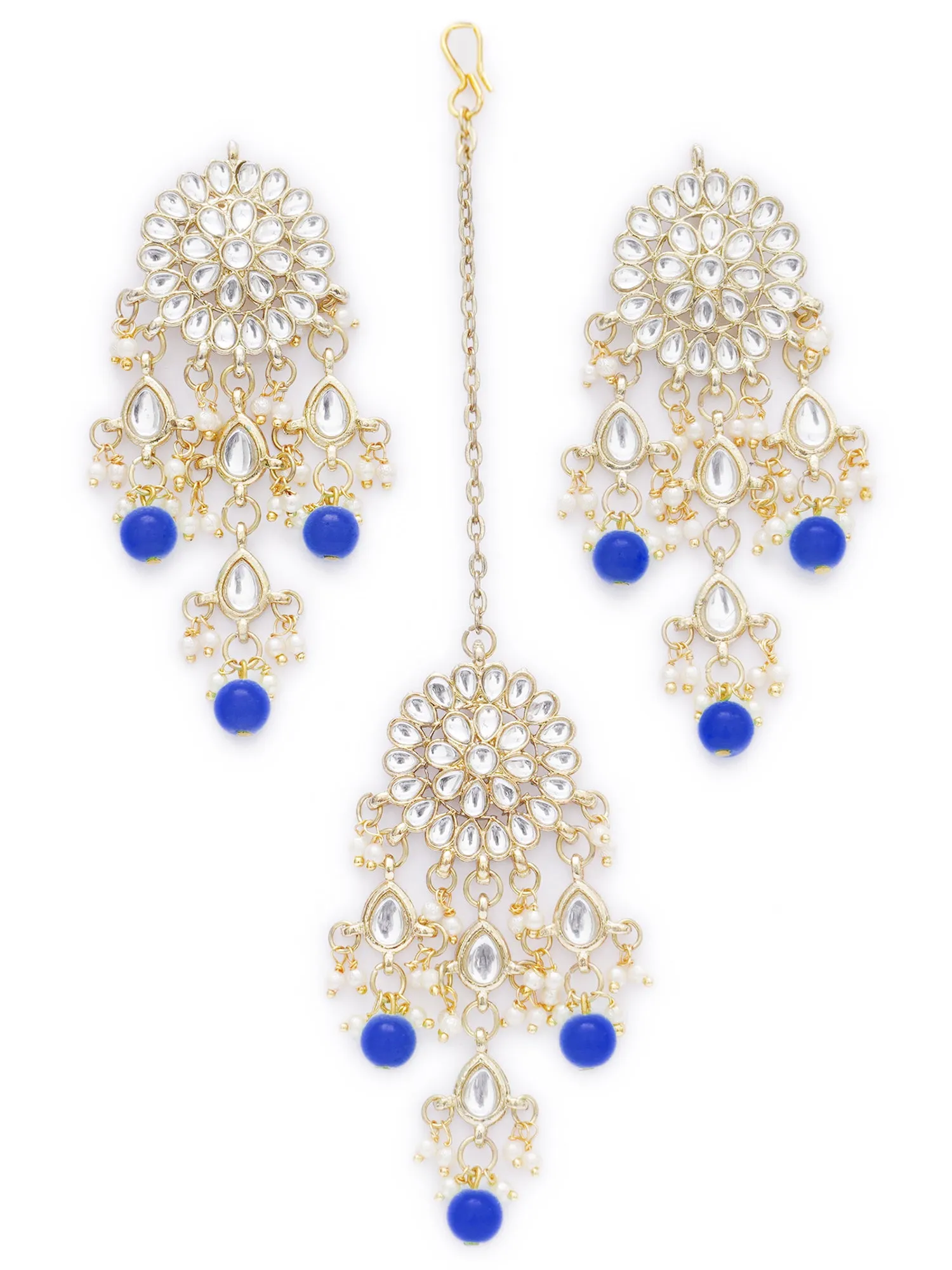 Gold Plated Embellished Blue Kundan Tassel Earrings with Maangtikka