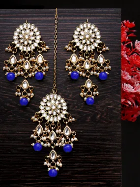 Gold Plated Embellished Blue Kundan Tassel Earrings with Maangtikka