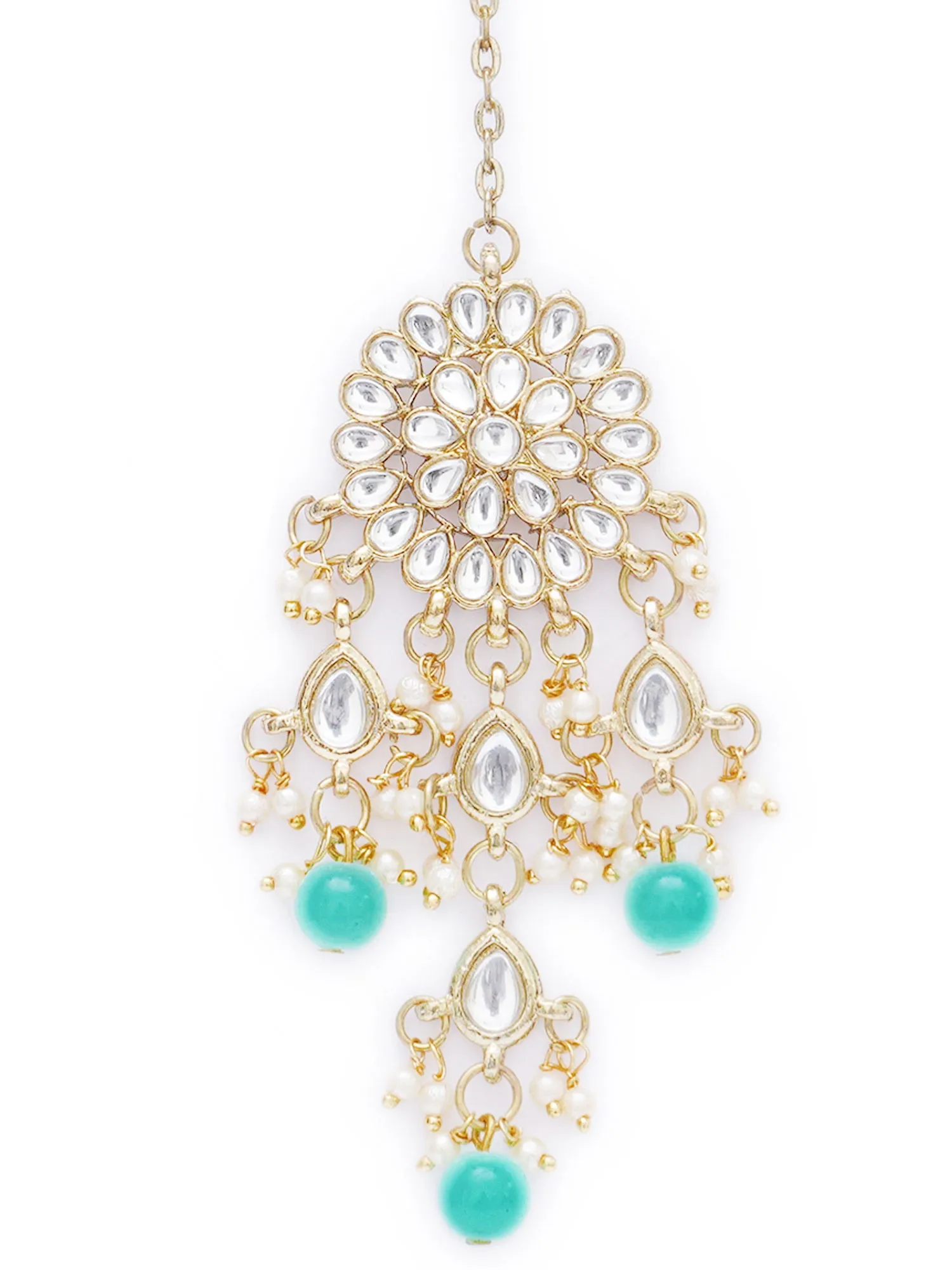 Gold Plated Embellished Light Blue Kundan Tassel Earrings with Maangtikka