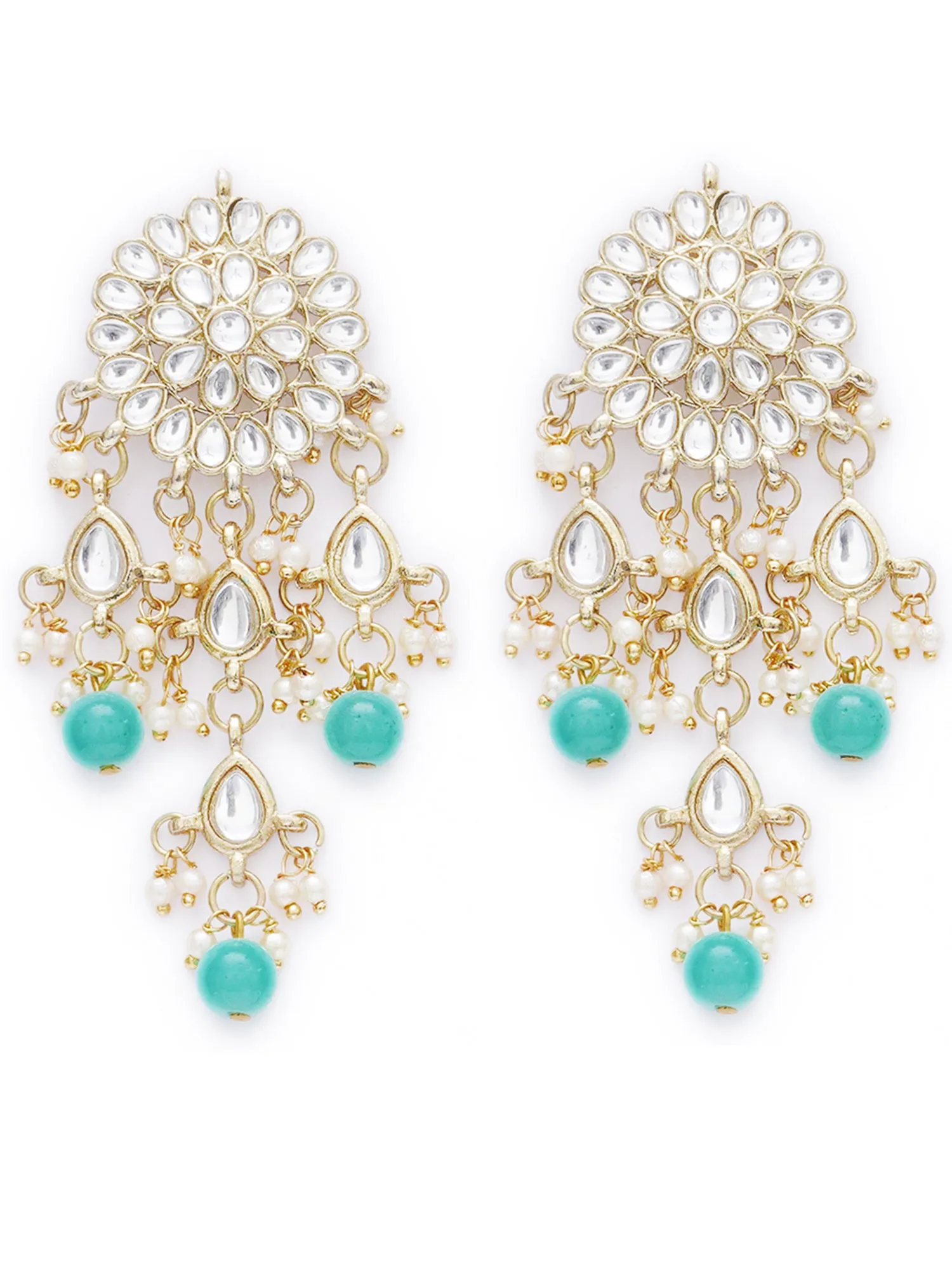 Gold Plated Embellished Light Blue Kundan Tassel Earrings with Maangtikka