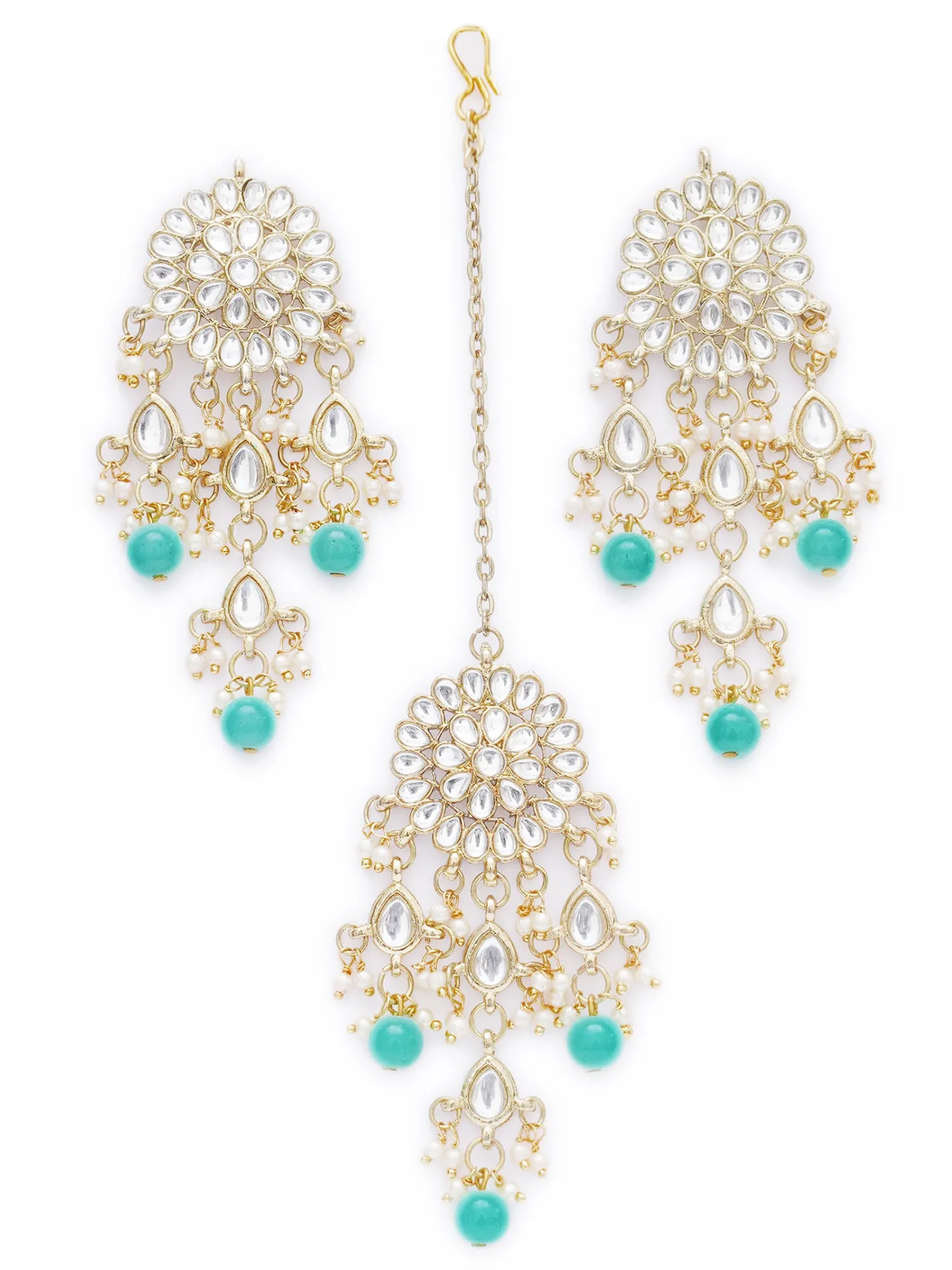 Gold Plated Embellished Light Blue Kundan Tassel Earrings with Maangtikka