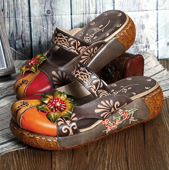 Handmade Printed Leather Summer Platform Slides