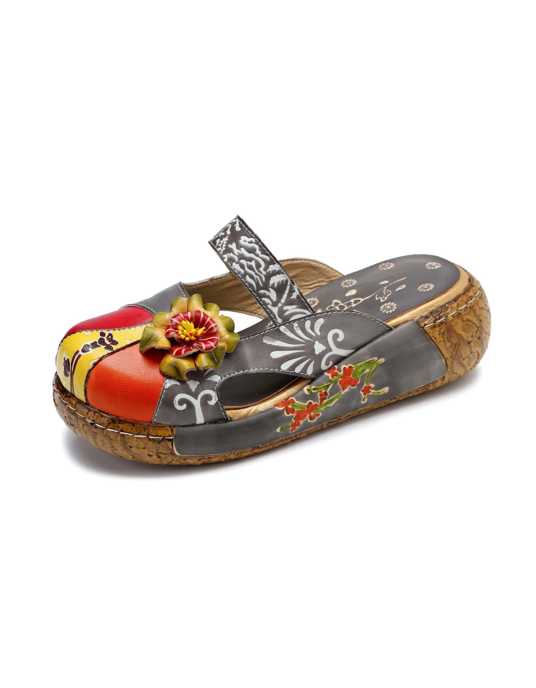 Handmade Printed Leather Summer Platform Slides