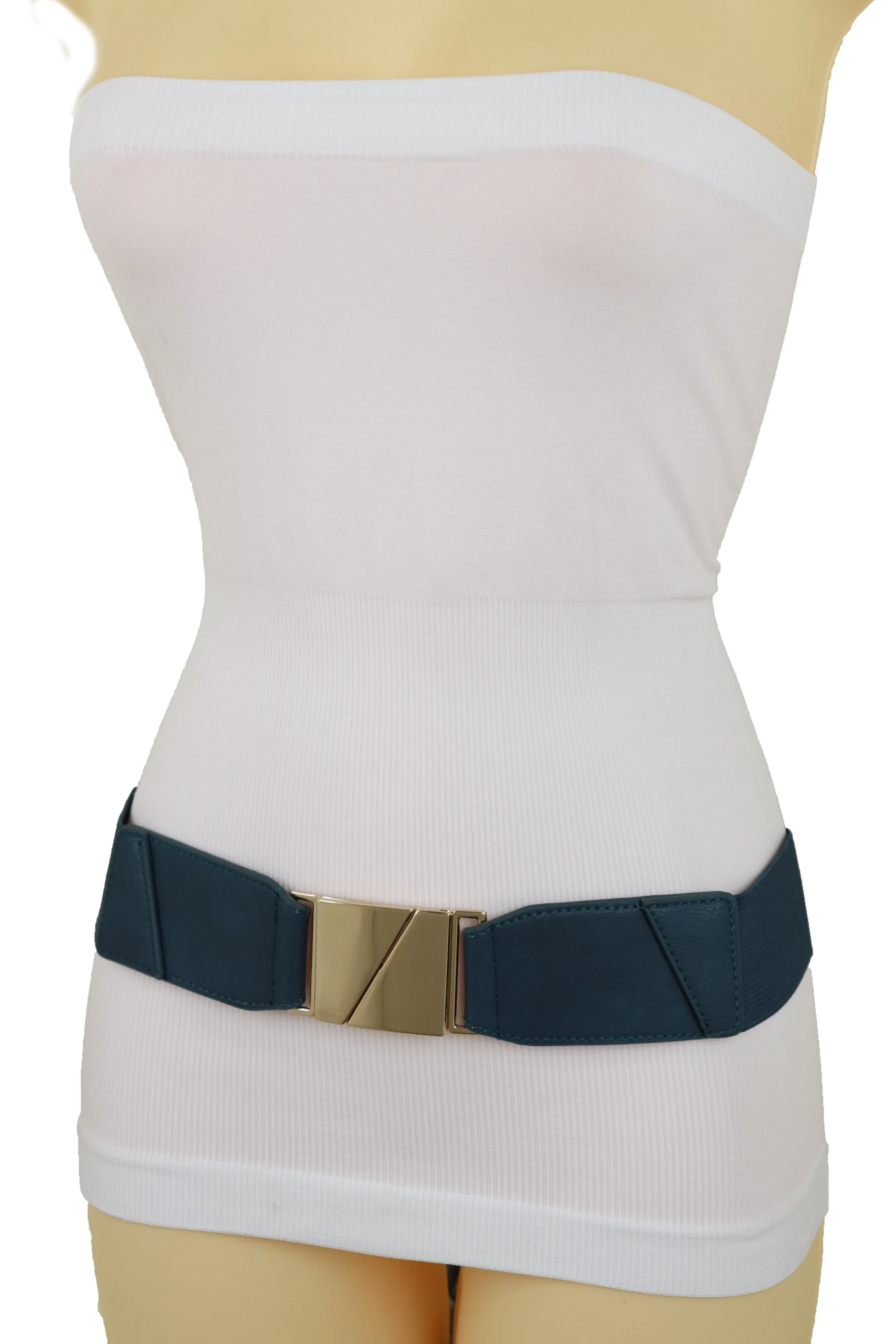 High Waist Hip Teal Blue Color Elastic Waistband Belt Gold Square Buckle S M L