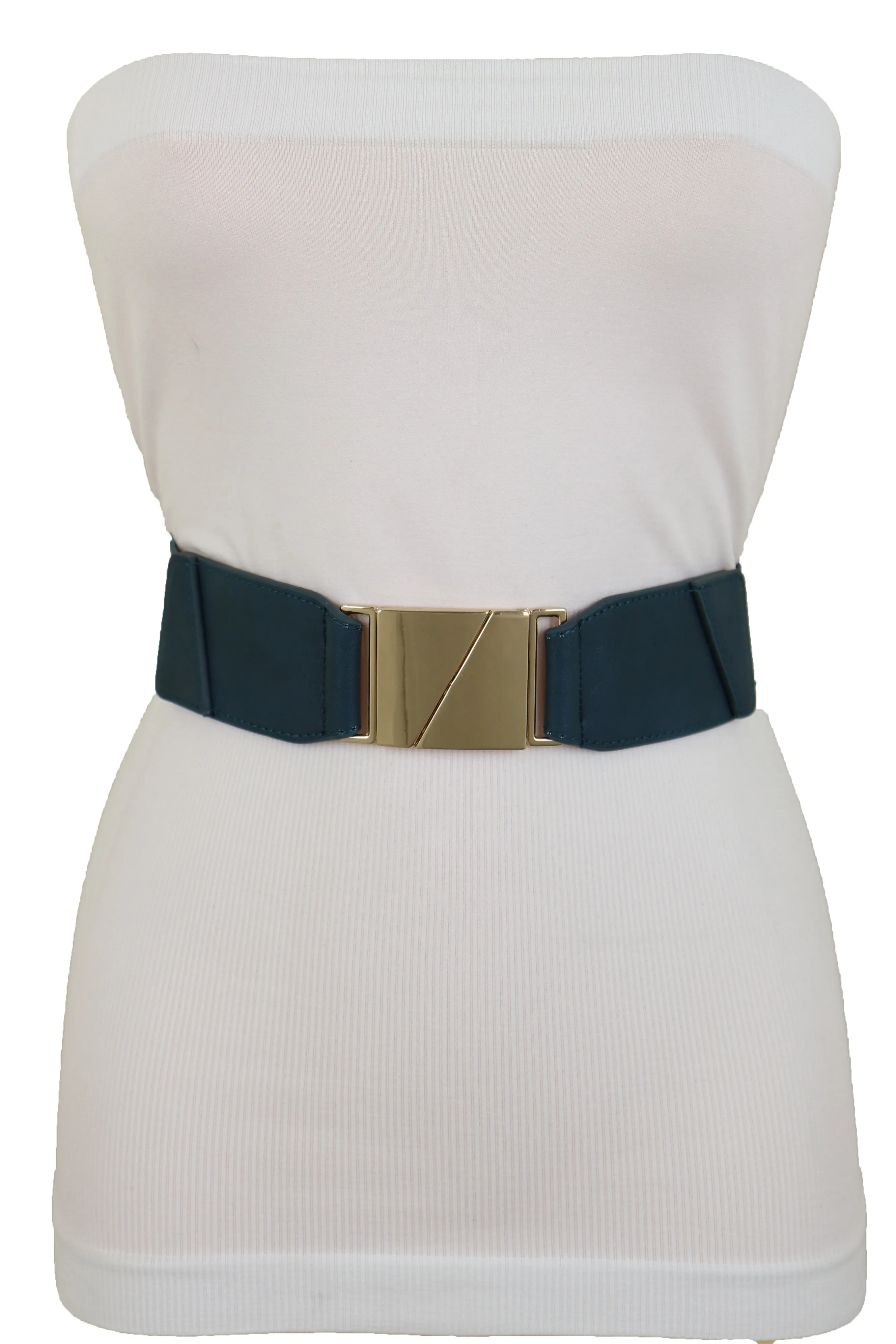 High Waist Hip Teal Blue Color Elastic Waistband Belt Gold Square Buckle S M L