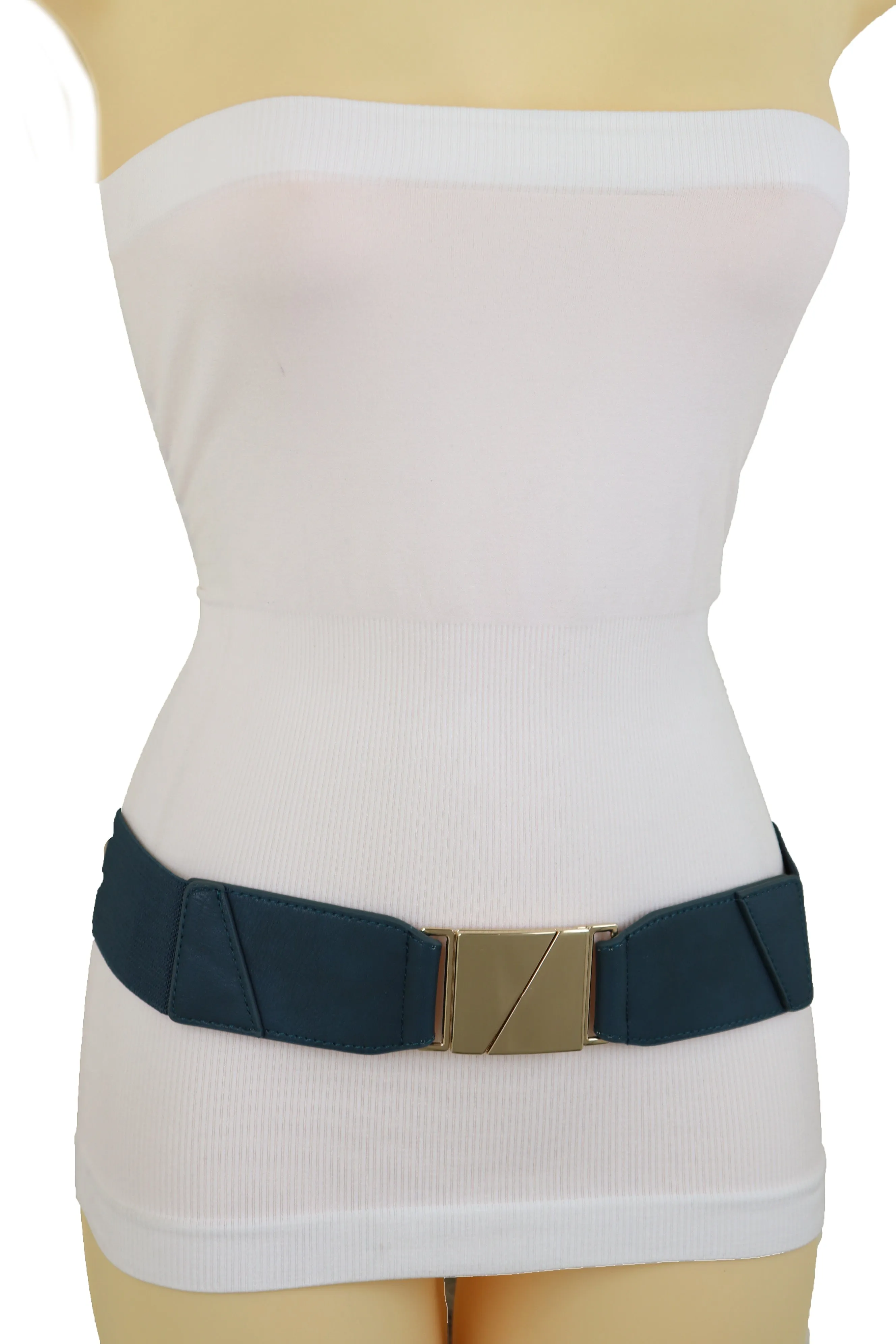 High Waist Hip Teal Blue Color Elastic Waistband Belt Gold Square Buckle S M L