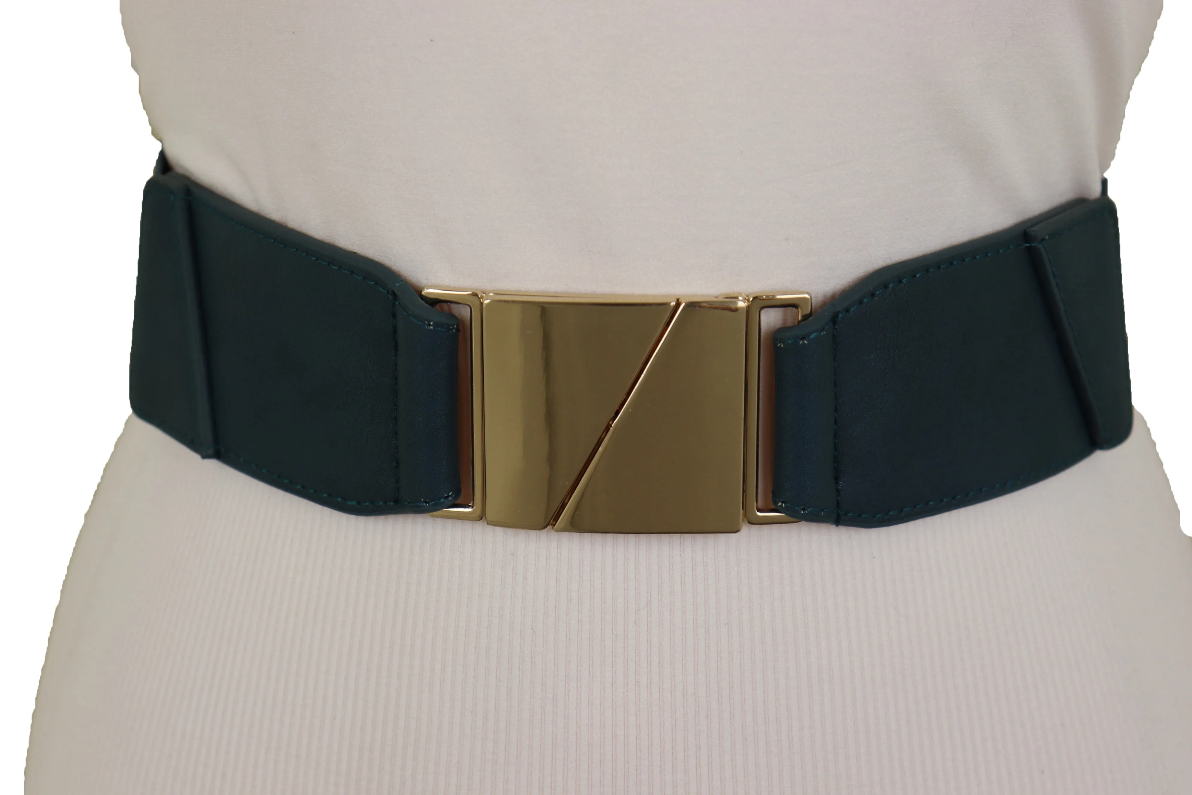 High Waist Hip Teal Blue Color Elastic Waistband Belt Gold Square Buckle S M L