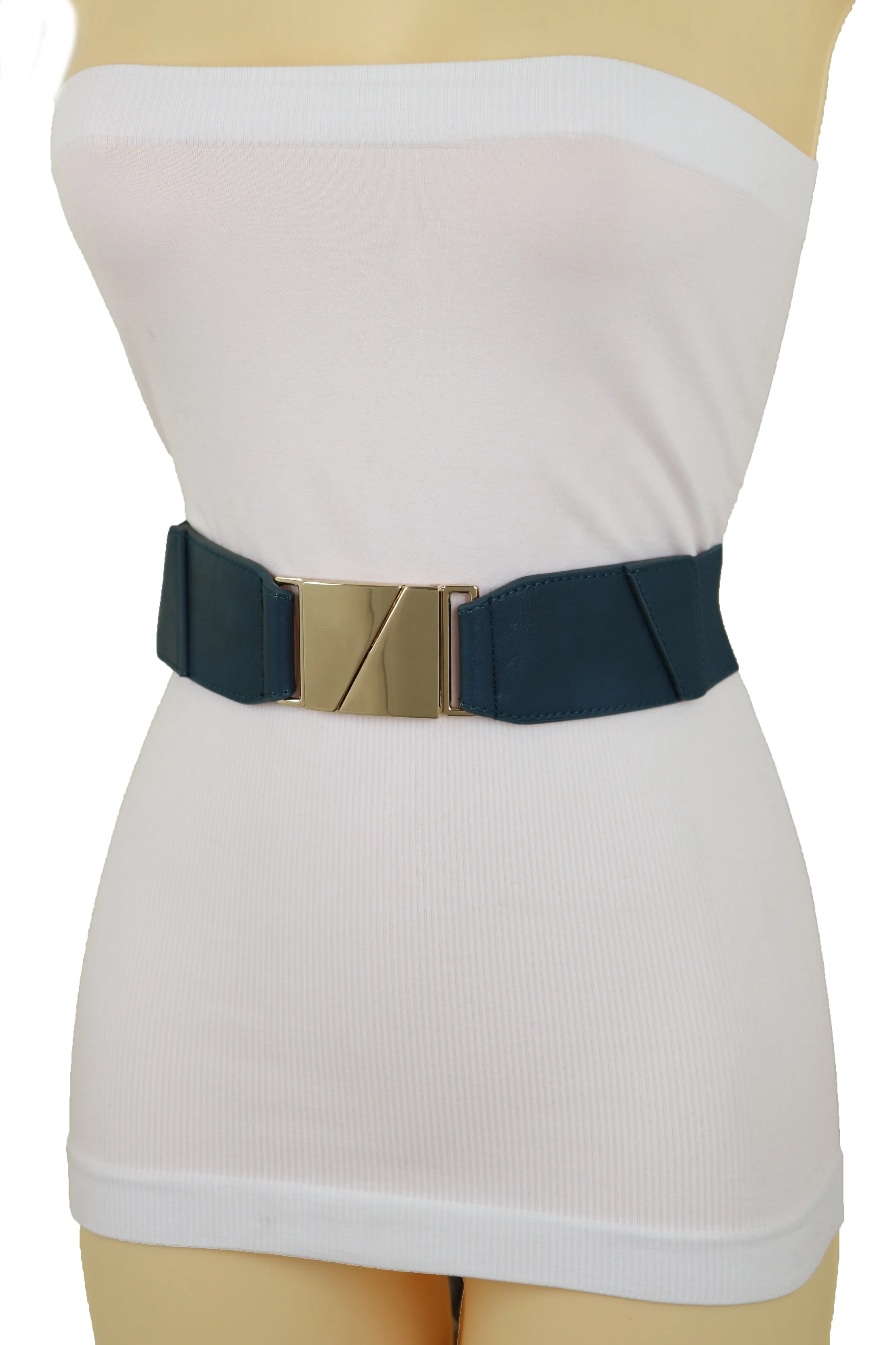 High Waist Hip Teal Blue Color Elastic Waistband Belt Gold Square Buckle S M L