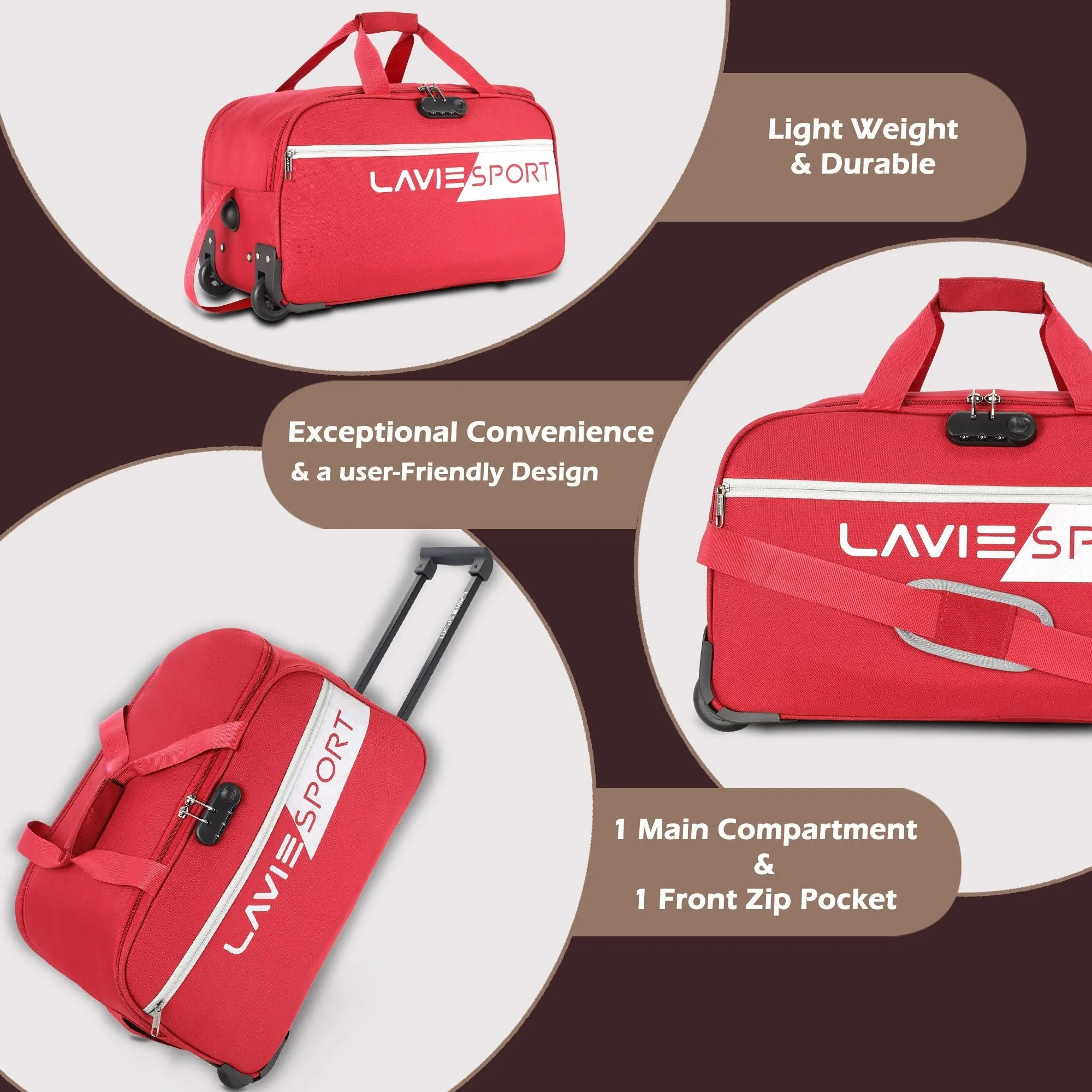 Lavie Sport 53 cms Camelot Wheel Duffle Bag With Combi Lock | Red